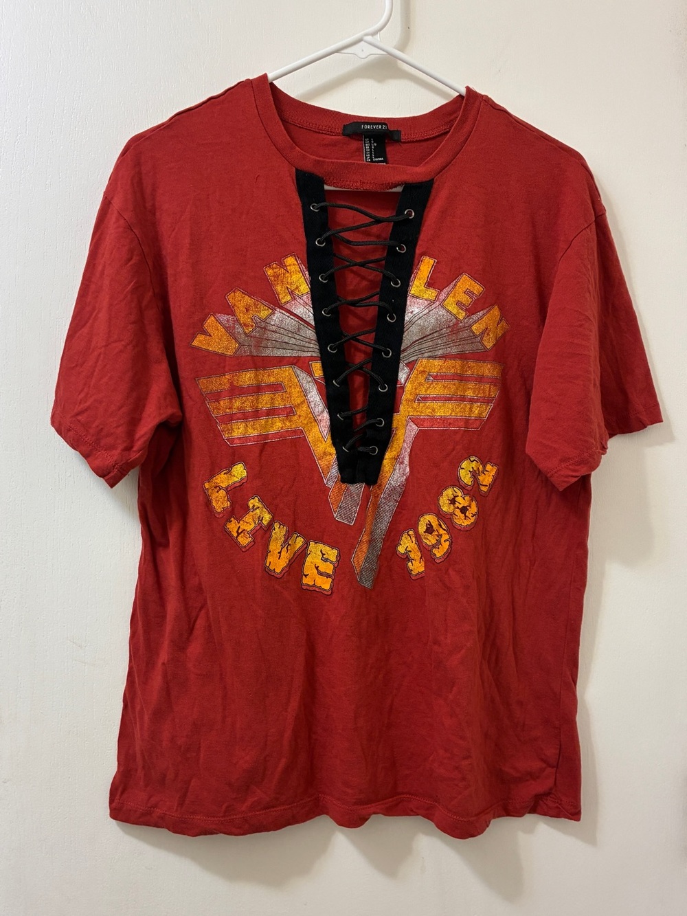 Forever 21 Womens Red/Maroon Van Halen Graphic Lace-Up Grommet T-Shirt Large